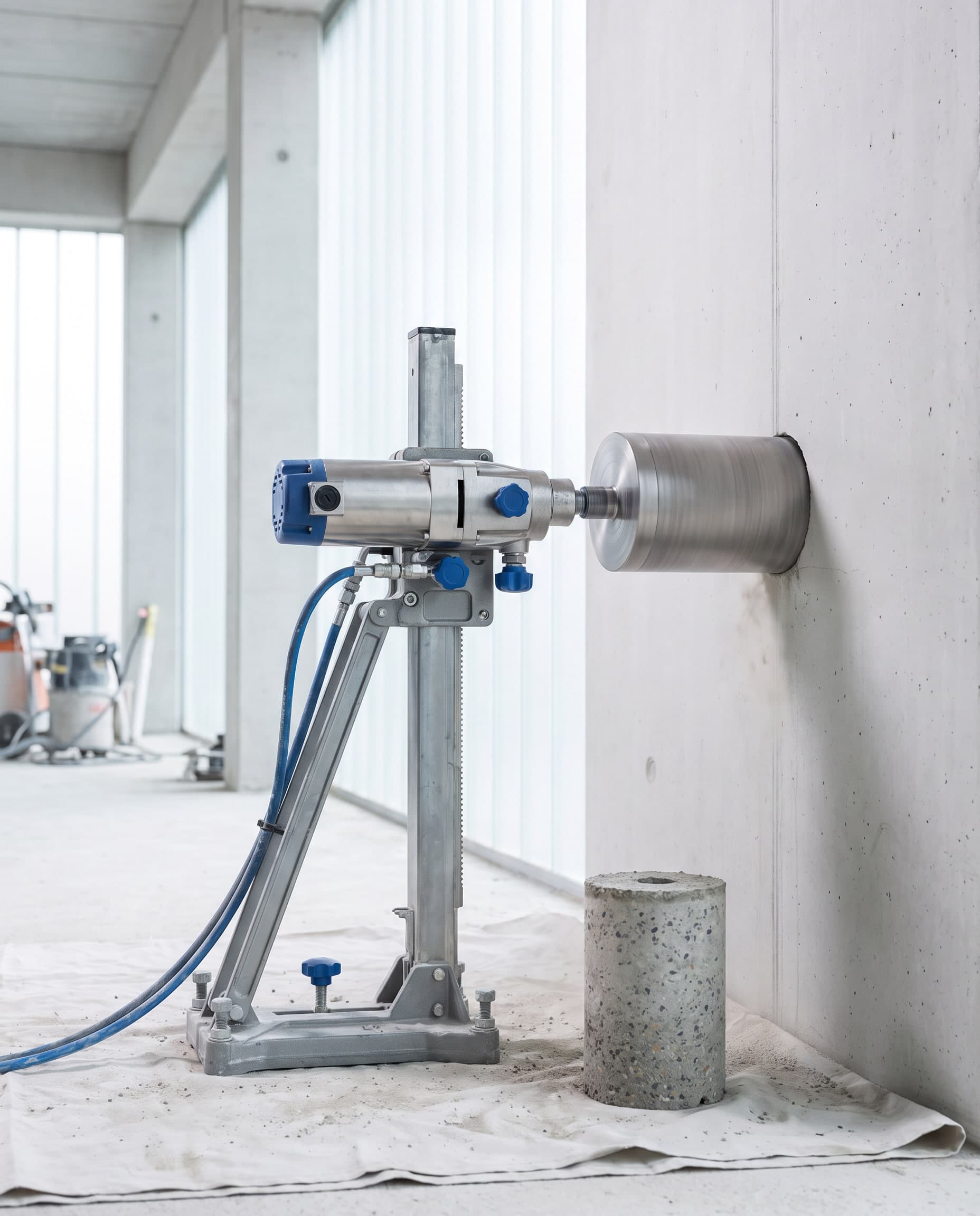 Diamond core drilling machine cutting reinforced concrete