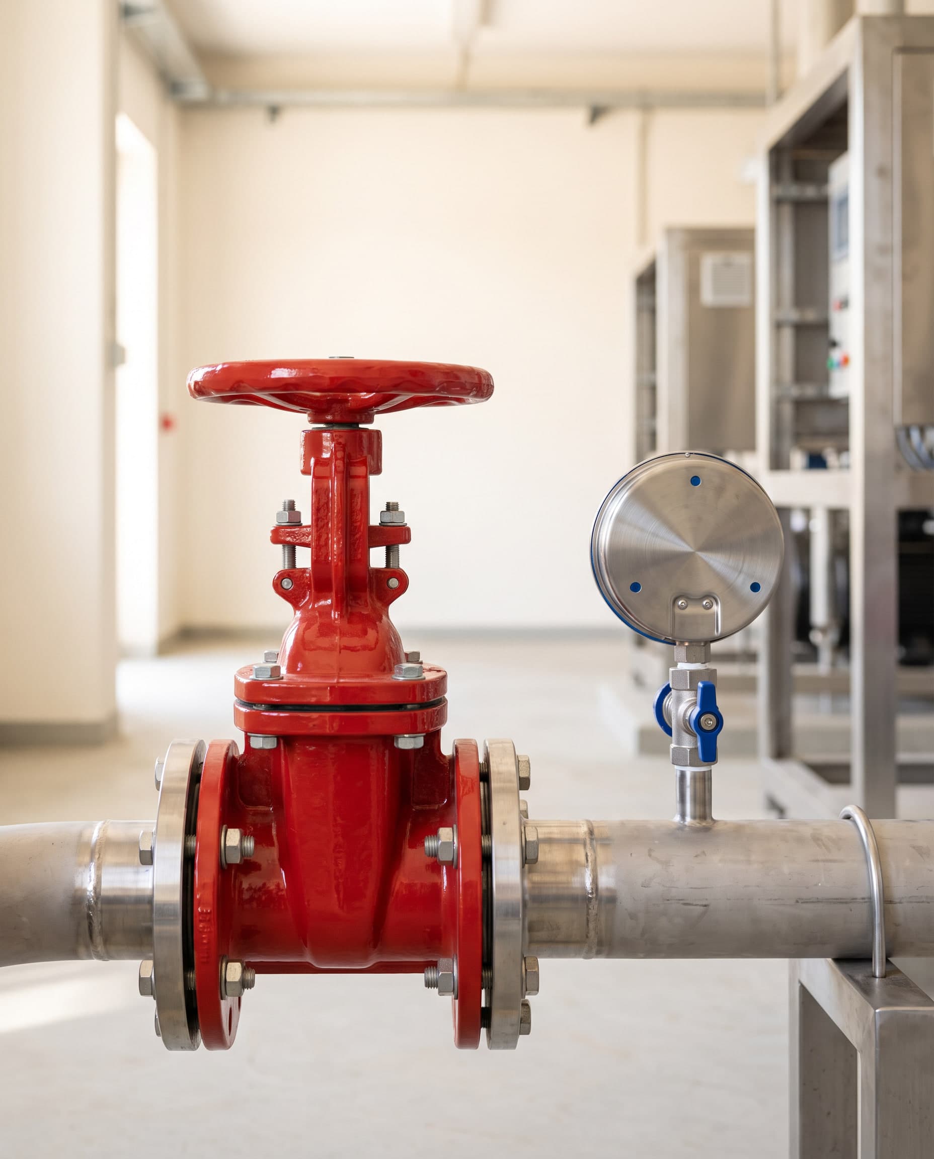 Red fire-fighting gate valve between stainless steel flanges