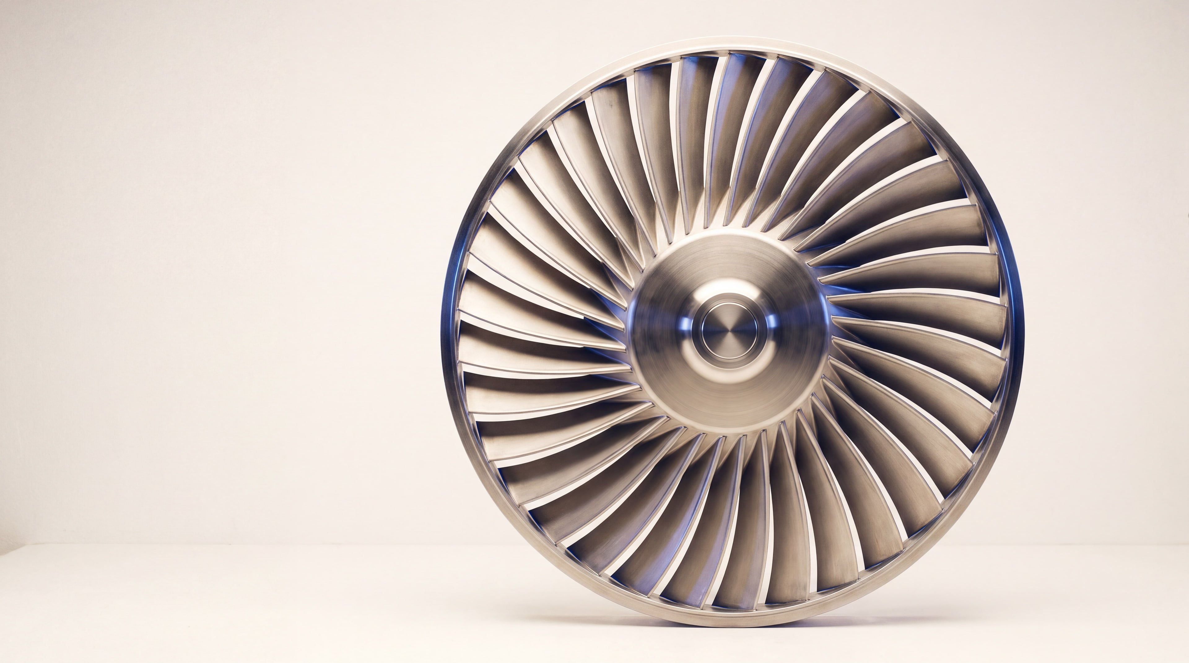 Precision-machined centrifugal fan impeller photographed head-on