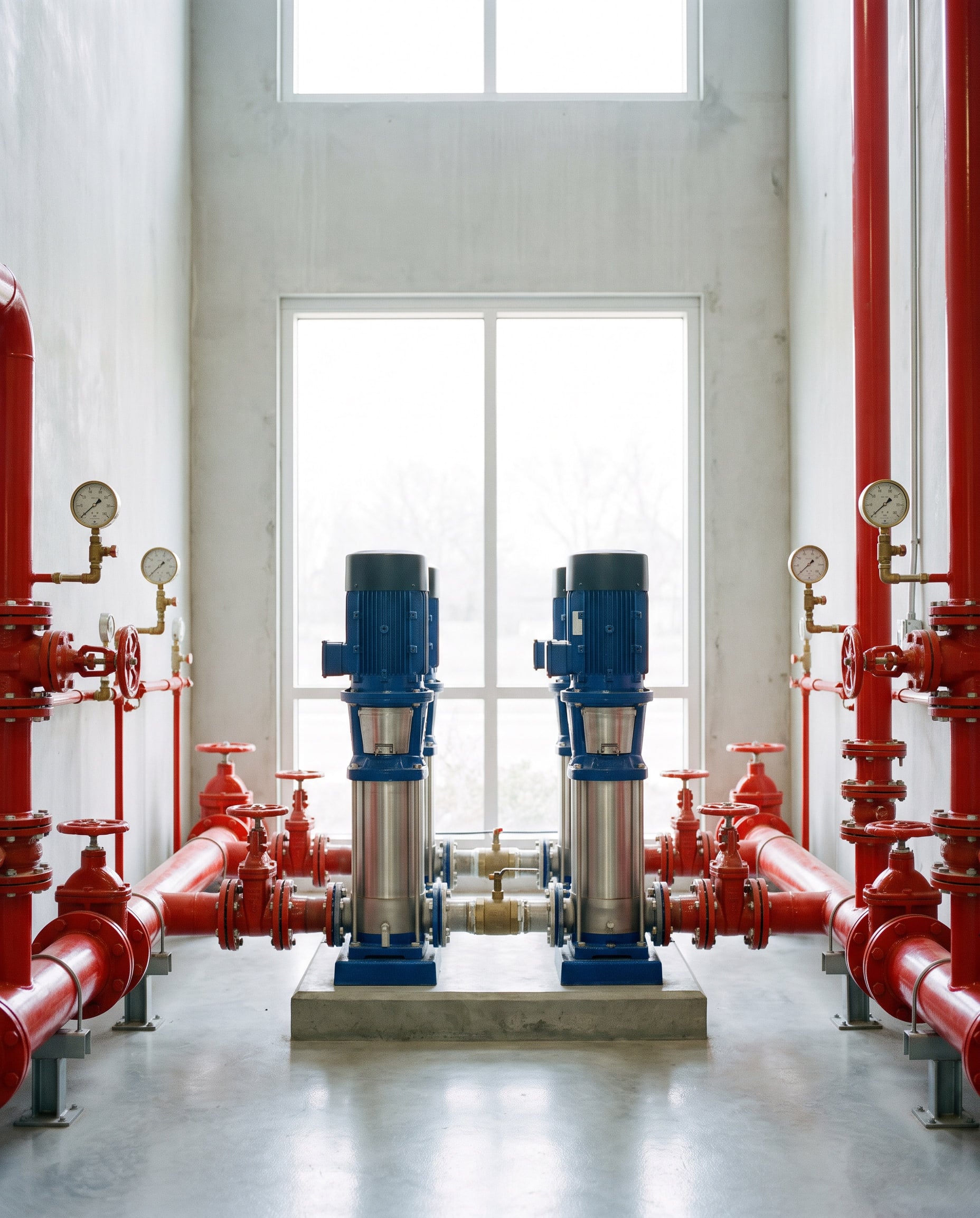 Fire-fighting pump room with red pipework and valves