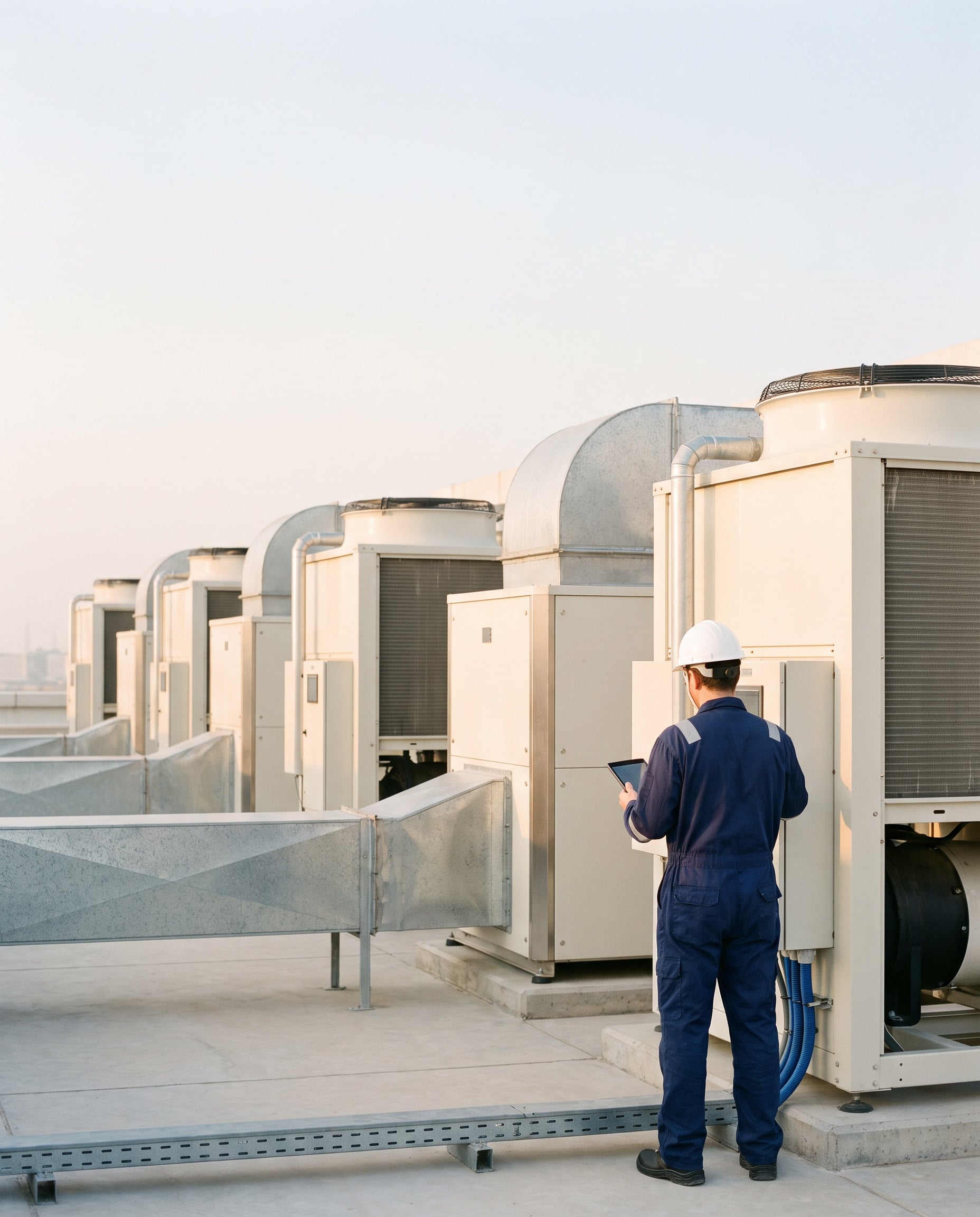 Technician inspecting rooftop chillers and cooling towers