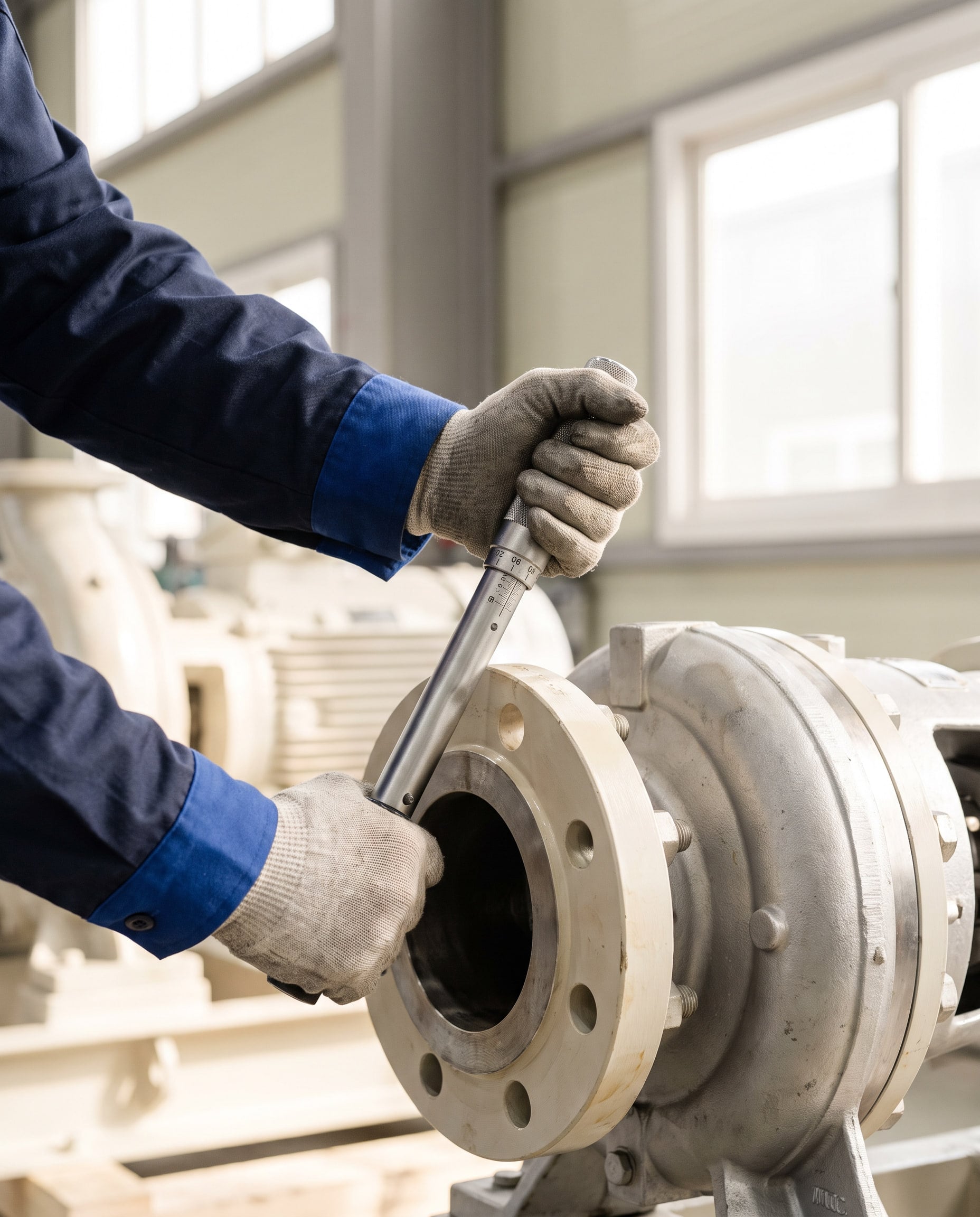 Engineer tightening a pump flange with a torque wrench