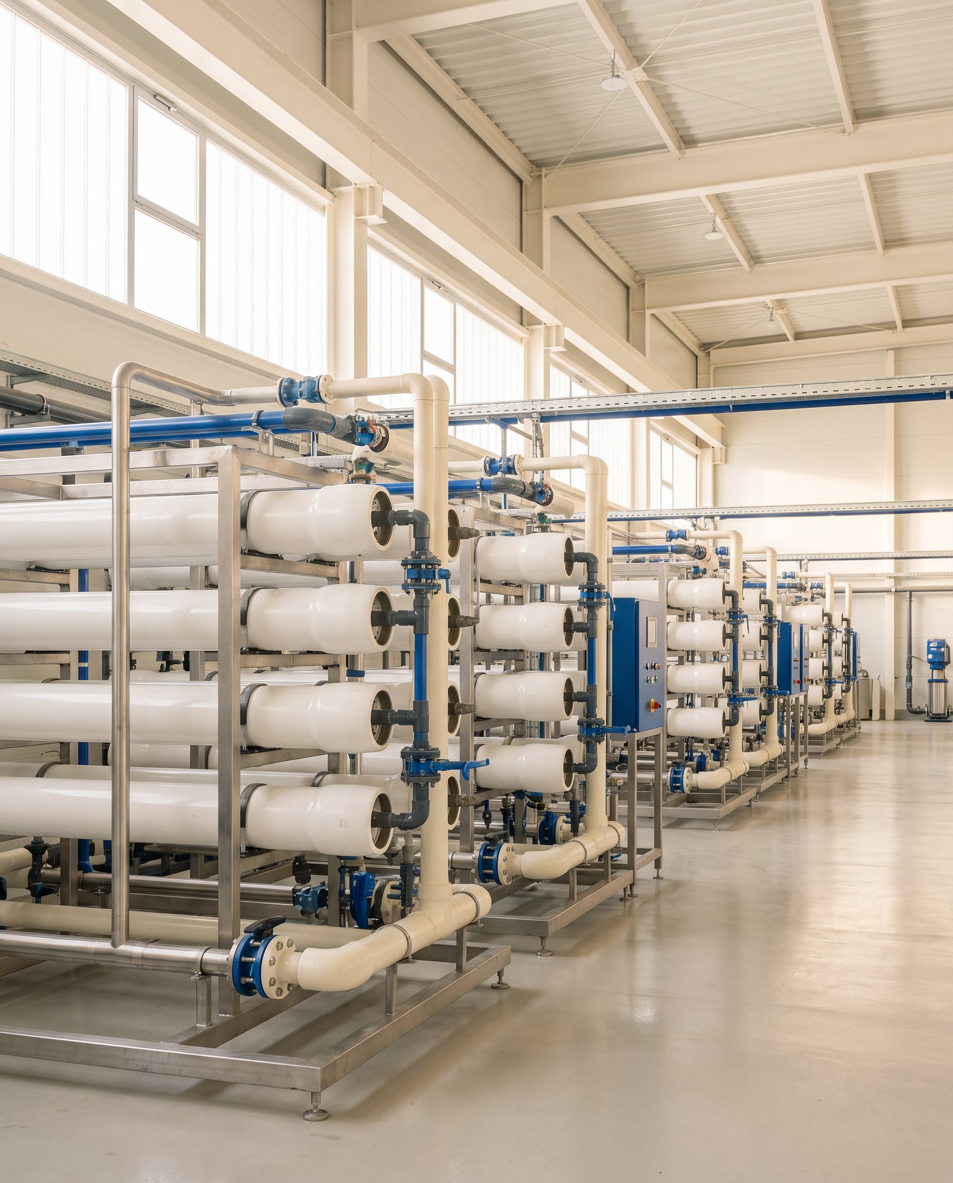 Reverse osmosis plant with rows of membrane pressure vessels